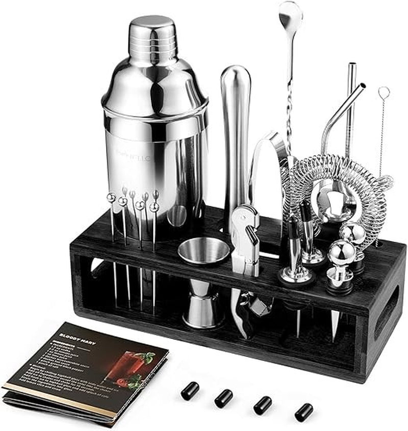Bartender Kit Bar Set with Bamboo Stand 28 Pcs 24Oz Cocktail Shaker Set Black