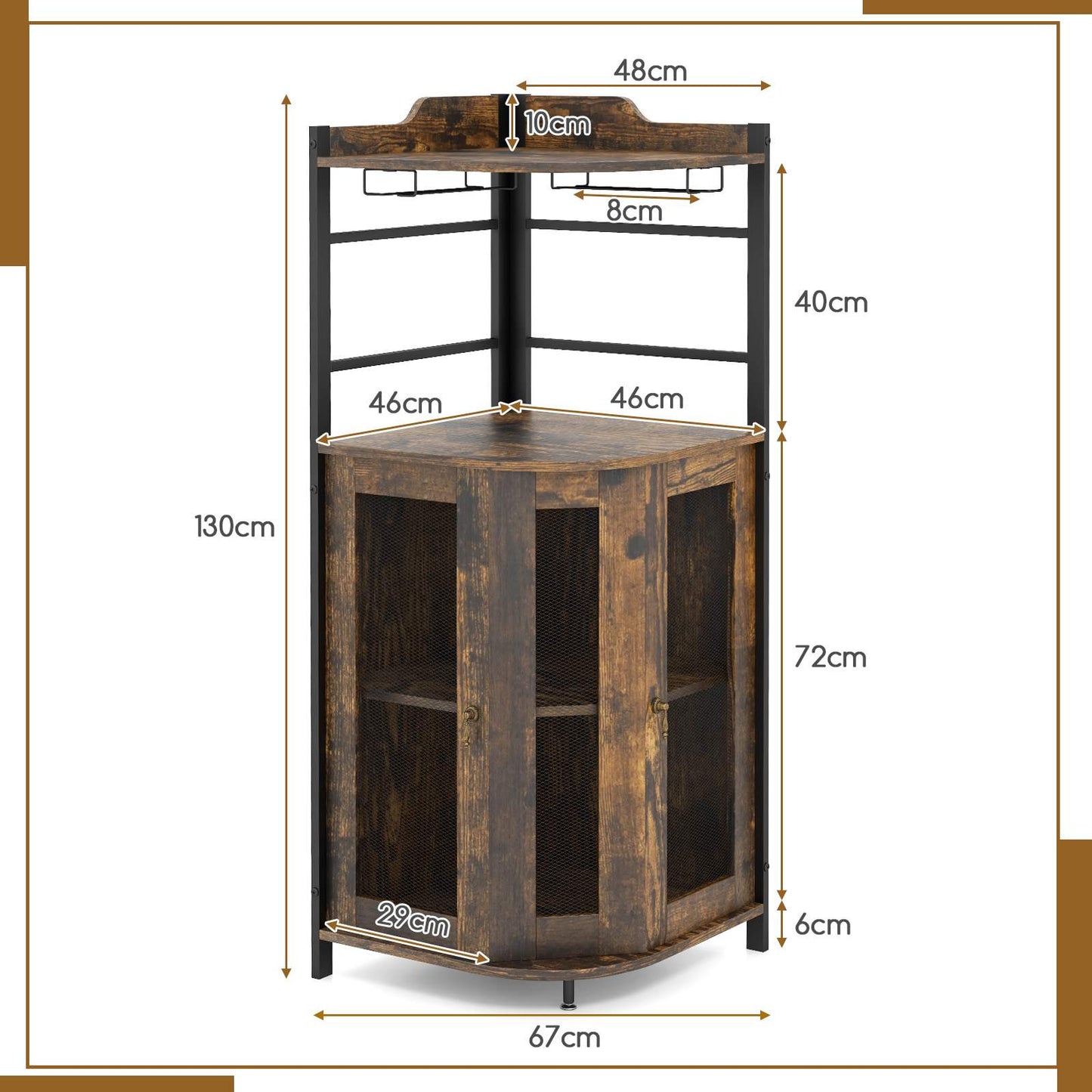 Corner Bar Cabinet Industrial Liquor Wine Cabinet W/ Glass Holder & Mesh Doors