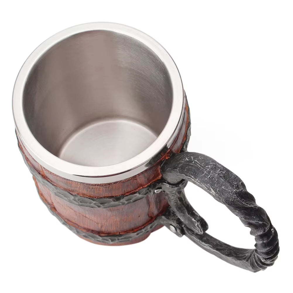 Viking Wood Style Beer Mug Simulation Wooden Barrel Beer Cup Double Wall Drinking Mug Metal Insulated 1PCS Bar Drinking Кружка