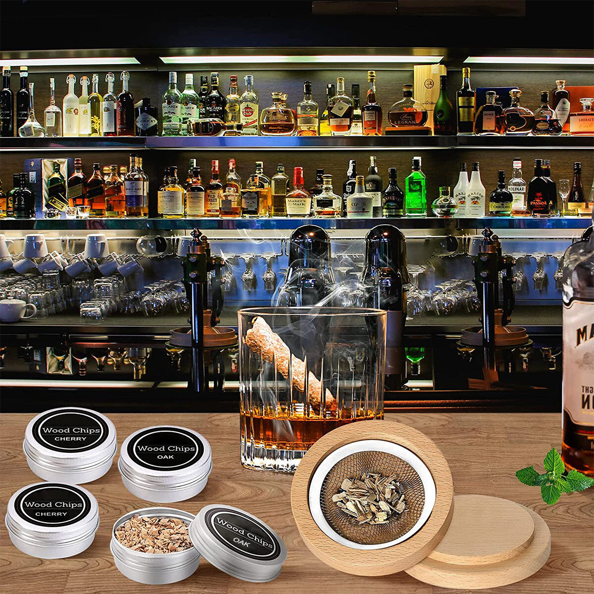 Cocktail Smoker Kit with Wooden Chips Chimney Drink Smoking Infuser Wine Whisky