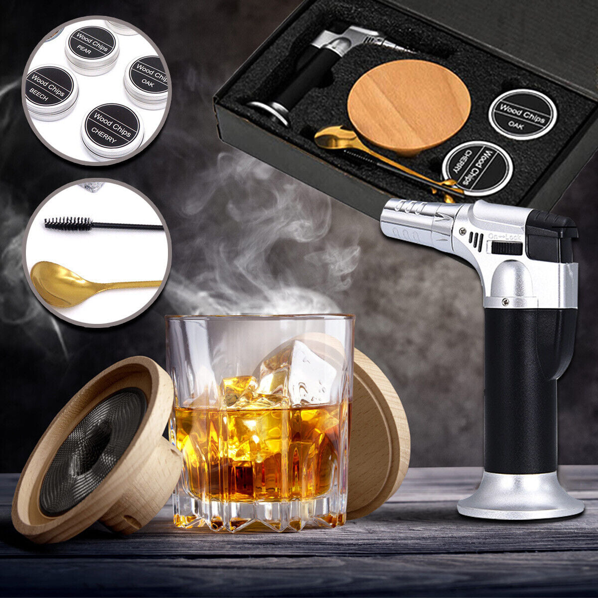 Cocktail Smoker Kit with Wooden Chips Chimney Drink Smoking Infuser Wine Whisky