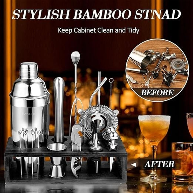 Bartender Kit Bar Set with Bamboo Stand 28 Pcs 24Oz Cocktail Shaker Set Black