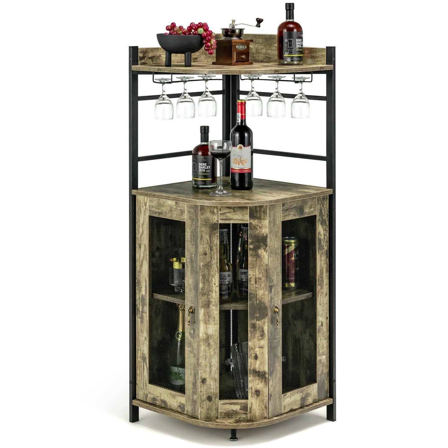 Corner Bar Cabinet Industrial Liquor Wine Cabinet W/ Glass Holder & Mesh Doors