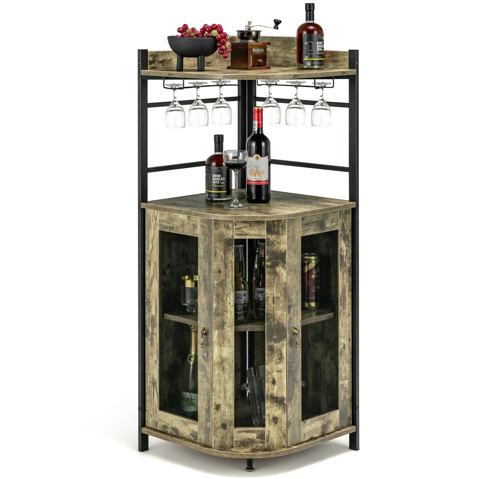 Corner Bar Cabinet Industrial Liquor Wine Cabinet W/ Glass Holder & Mesh Doors