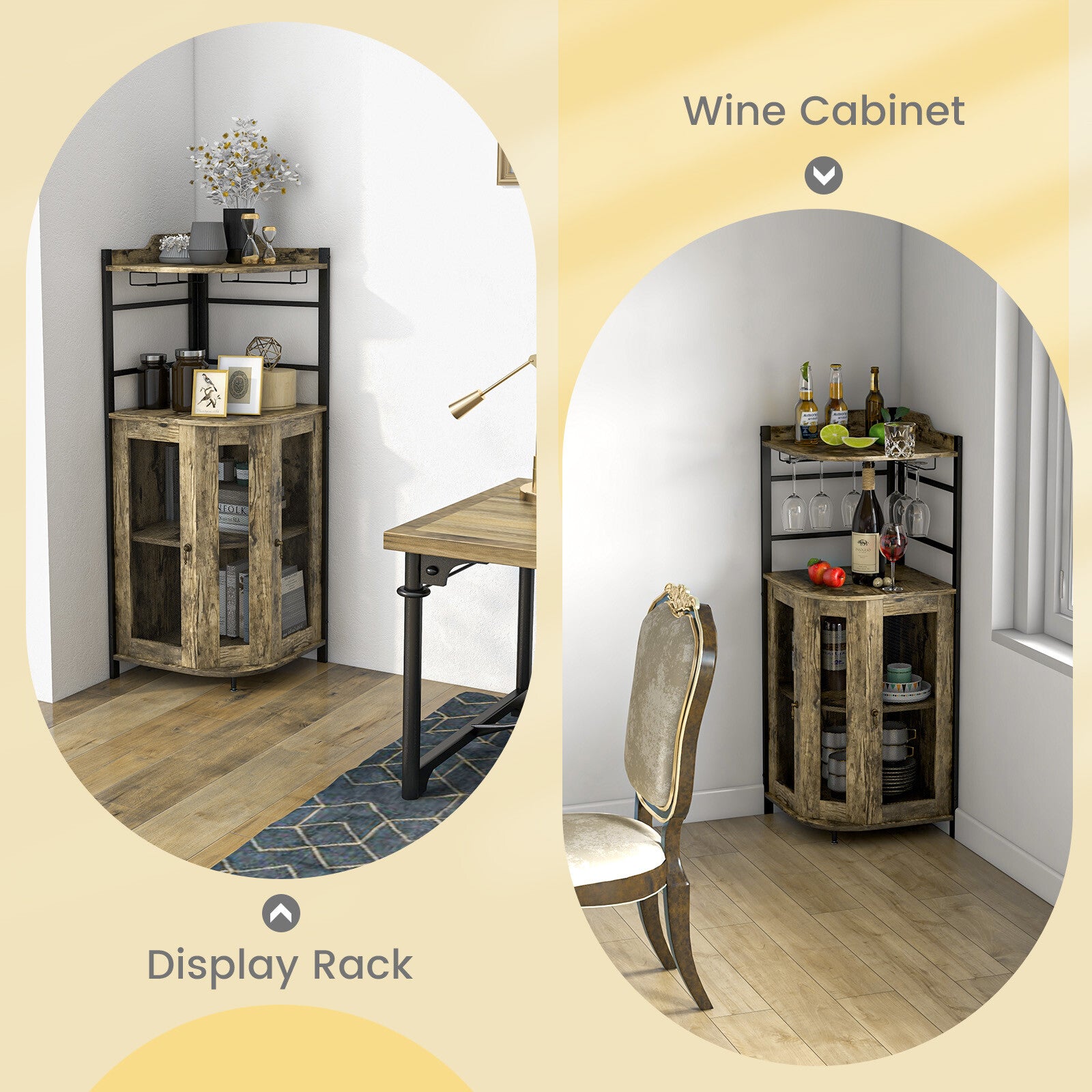 Corner Bar Cabinet Industrial Liquor Wine Cabinet W/ Glass Holder & Mesh Doors