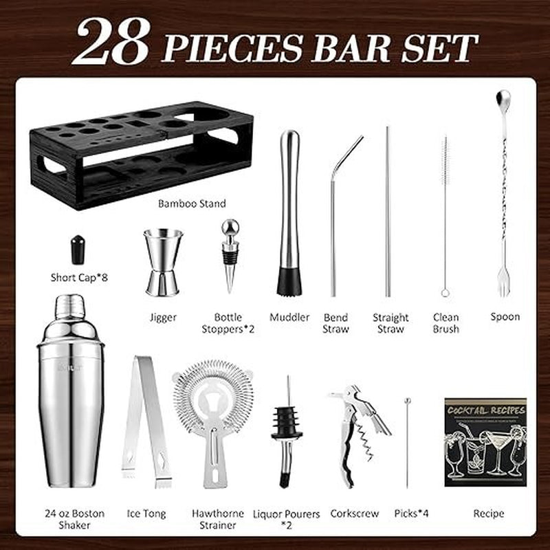 Bartender Kit Bar Set with Bamboo Stand 28 Pcs 24Oz Cocktail Shaker Set Black