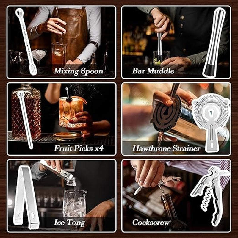 Bartender Kit Bar Set with Bamboo Stand 28 Pcs 24Oz Cocktail Shaker Set Black