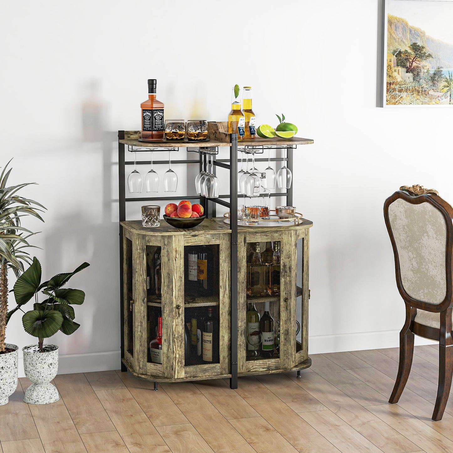 Corner Bar Cabinet Industrial Liquor Wine Cabinet W/ Glass Holder & Mesh Doors