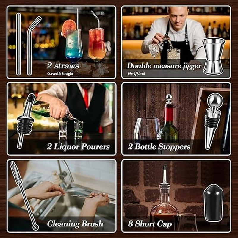 Bartender Kit Bar Set with Bamboo Stand 28 Pcs 24Oz Cocktail Shaker Set Black