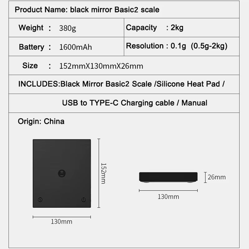 Basic 2 Black Mirror Pour over Coffee Scale Flow Rate Display Auto Timer Digit Kitchen Food Scale Espresso 0.1G/2Kg