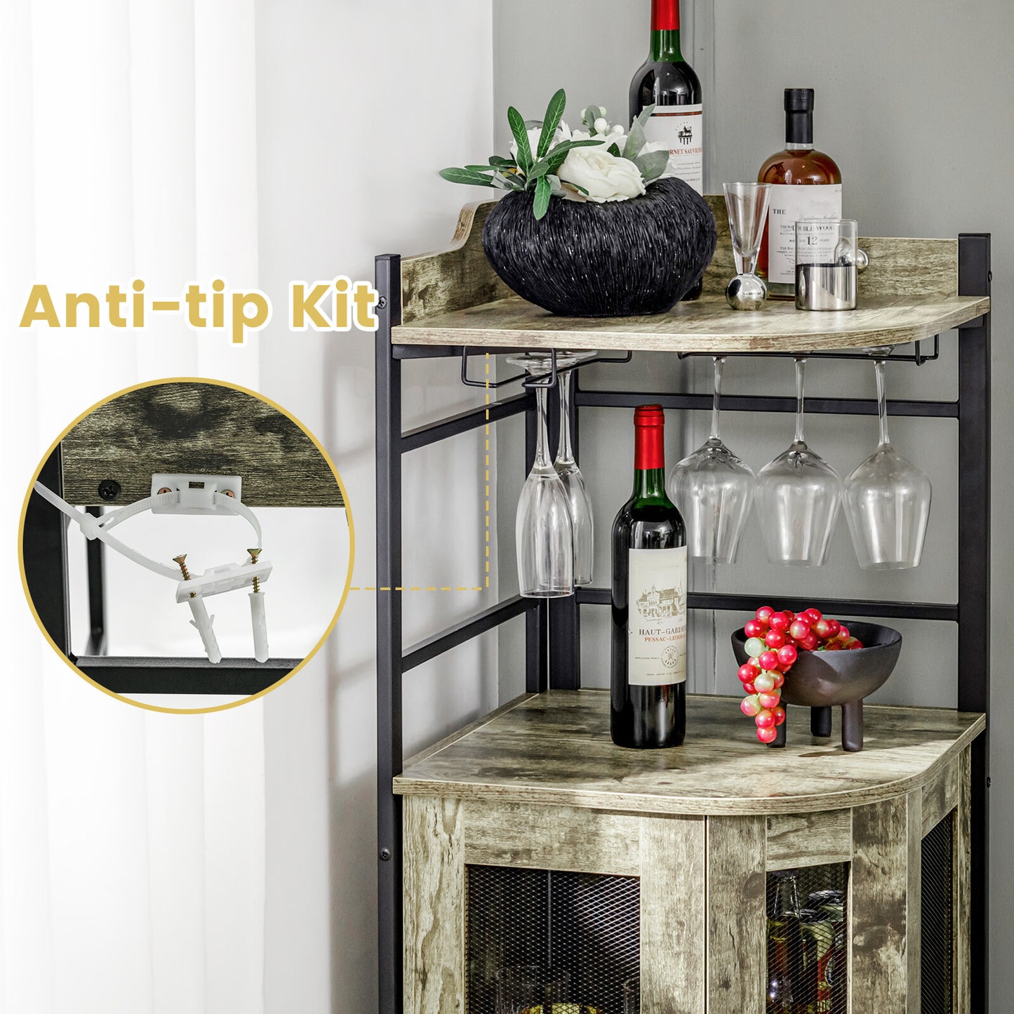 Corner Bar Cabinet Industrial Liquor Wine Cabinet W/ Glass Holder & Mesh Doors