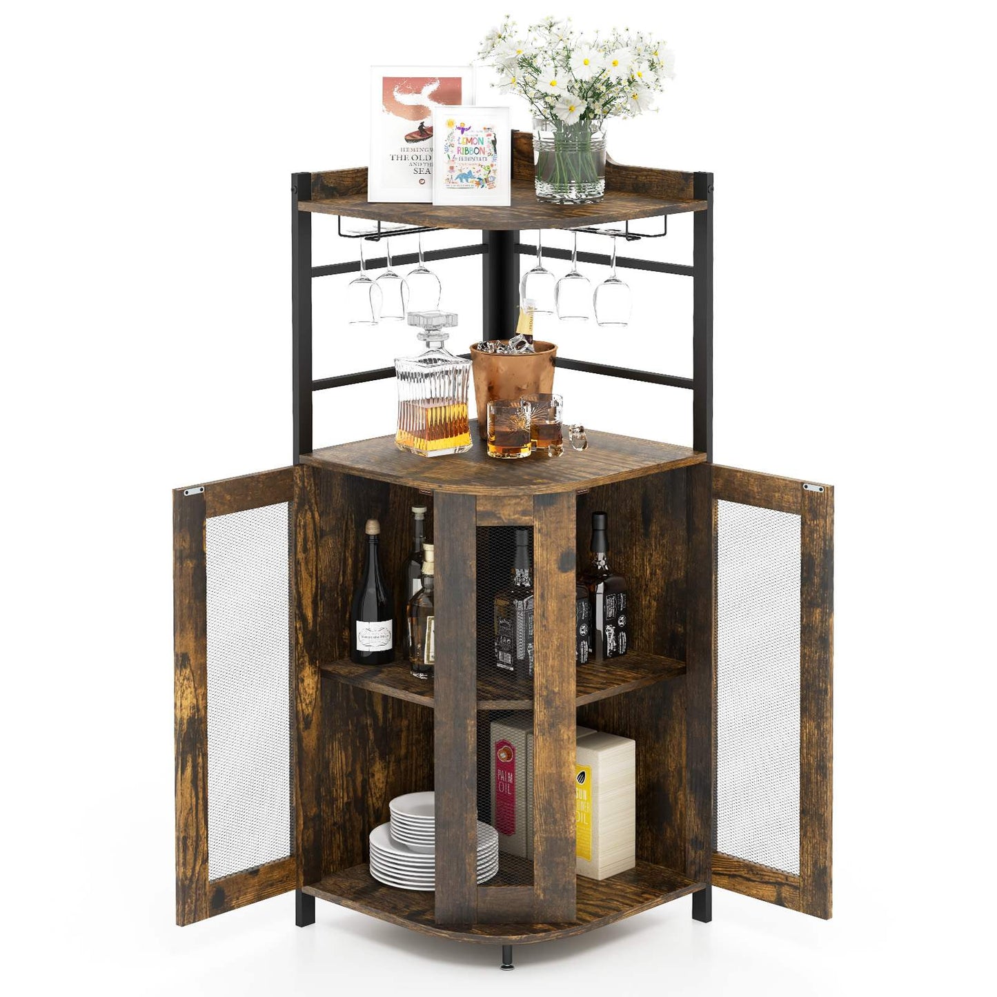 Corner Bar Cabinet Industrial Liquor Wine Cabinet W/ Glass Holder & Mesh Doors