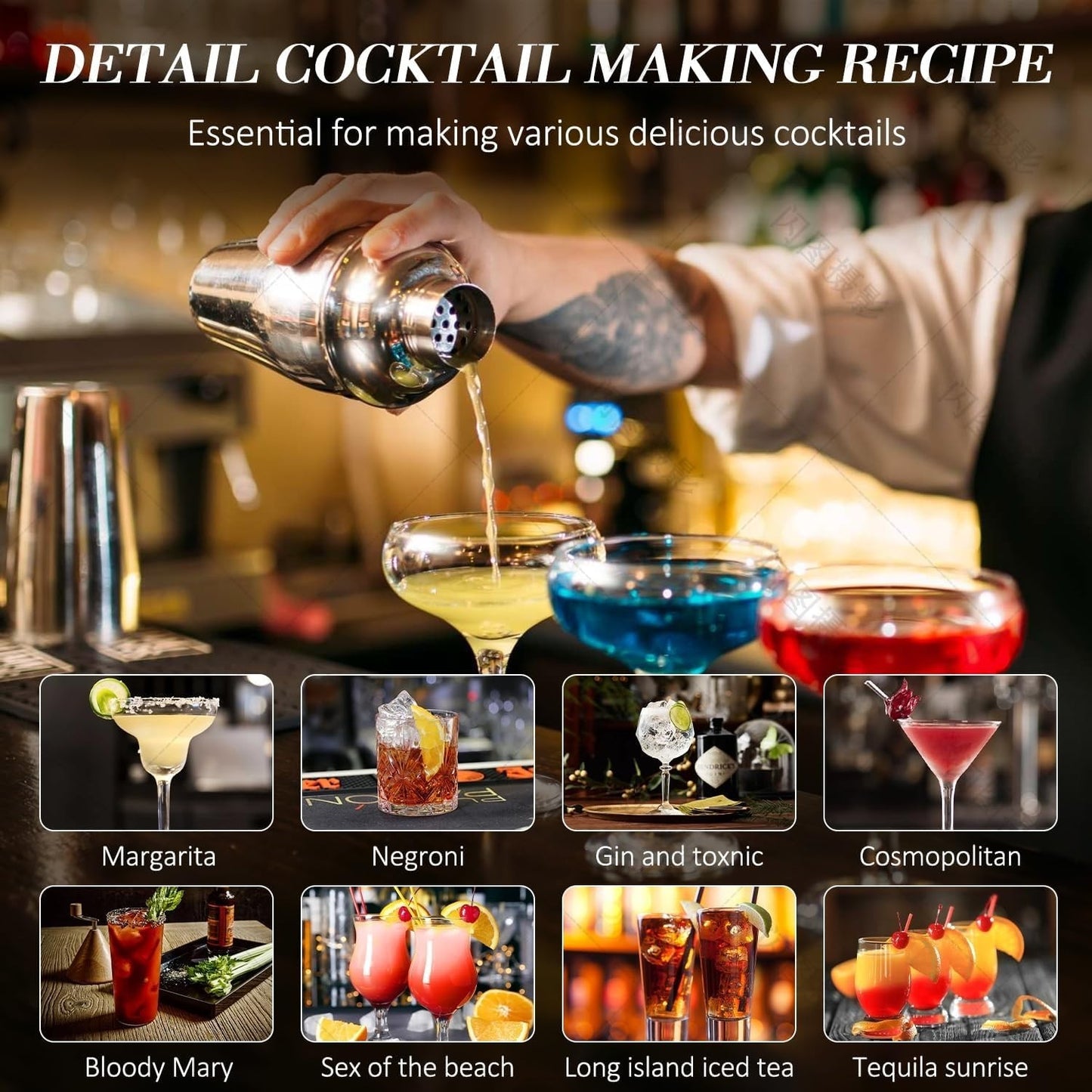Bartender Kit Bar Set with Bamboo Stand 28 Pcs 24Oz Cocktail Shaker Set Black