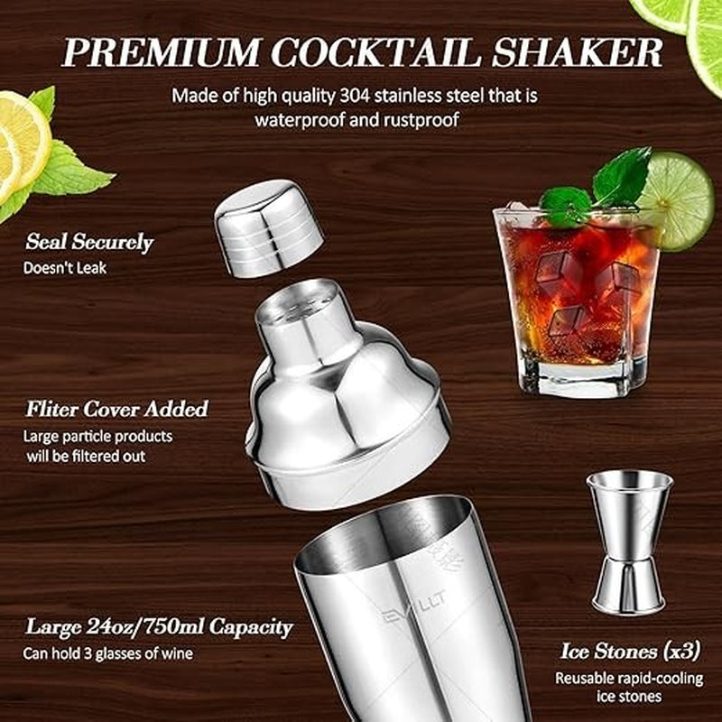 Bartender Kit Bar Set with Bamboo Stand 28 Pcs 24Oz Cocktail Shaker Set Black