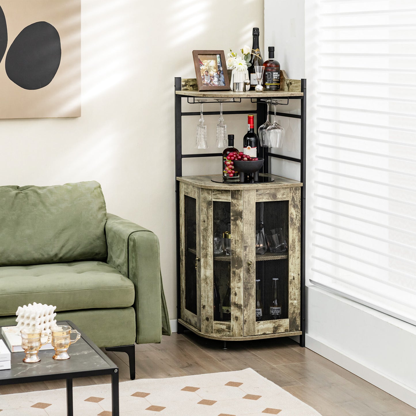 Corner Bar Cabinet Industrial Liquor Wine Cabinet W/ Glass Holder & Mesh Doors