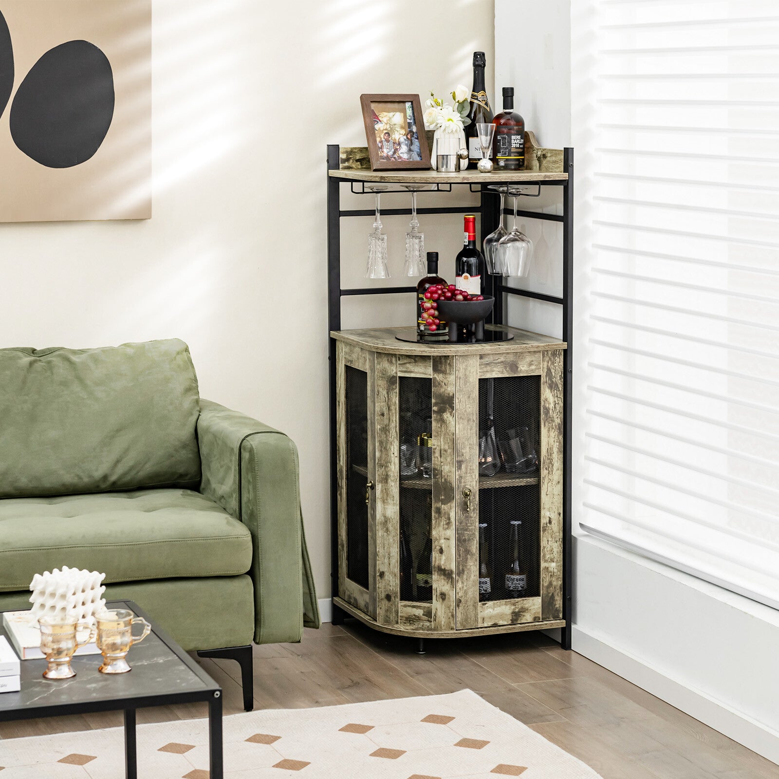 Corner Bar Cabinet Industrial Liquor Wine Cabinet W/ Glass Holder & Mesh Doors