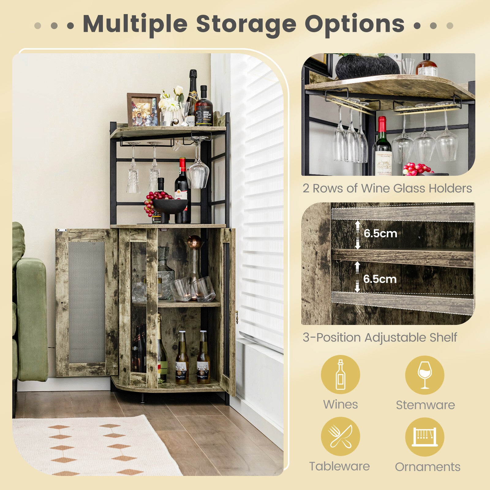 Corner Bar Cabinet Industrial Liquor Wine Cabinet W/ Glass Holder & Mesh Doors