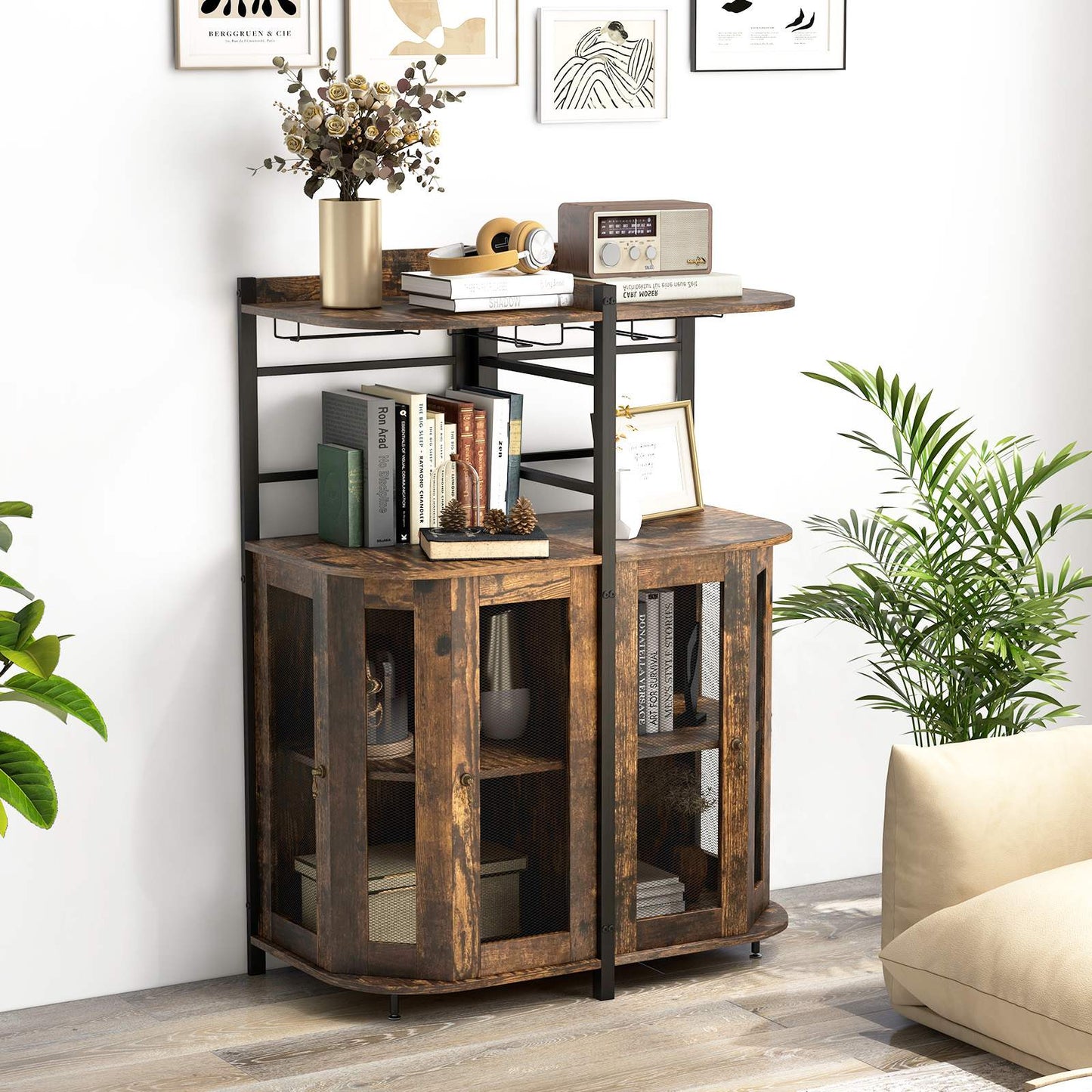 Corner Bar Cabinet Industrial Liquor Wine Cabinet W/ Glass Holder & Mesh Doors