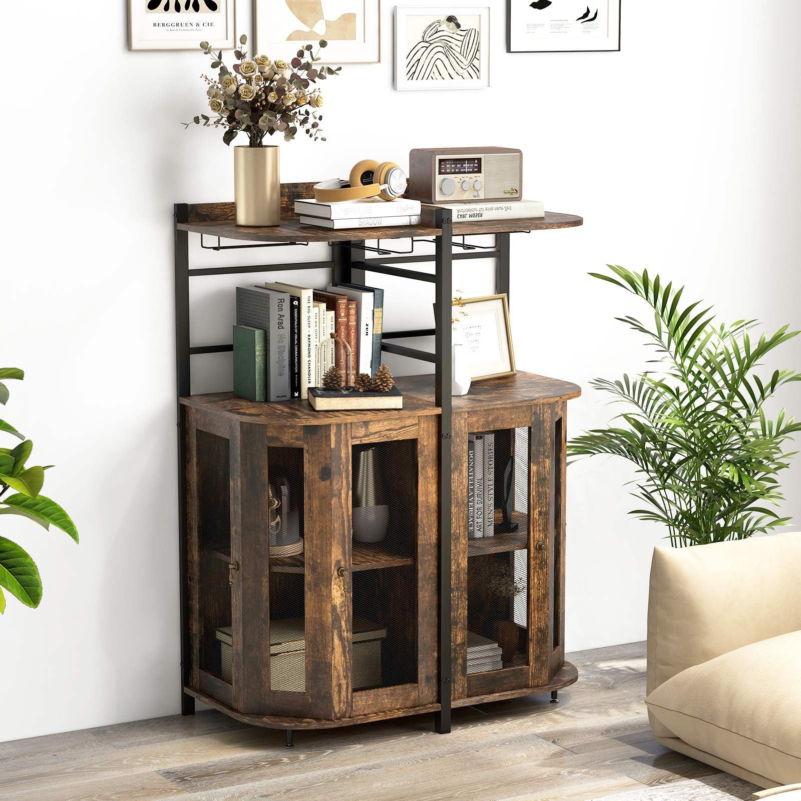 Corner Bar Cabinet Industrial Liquor Wine Cabinet W/ Glass Holder & Mesh Doors