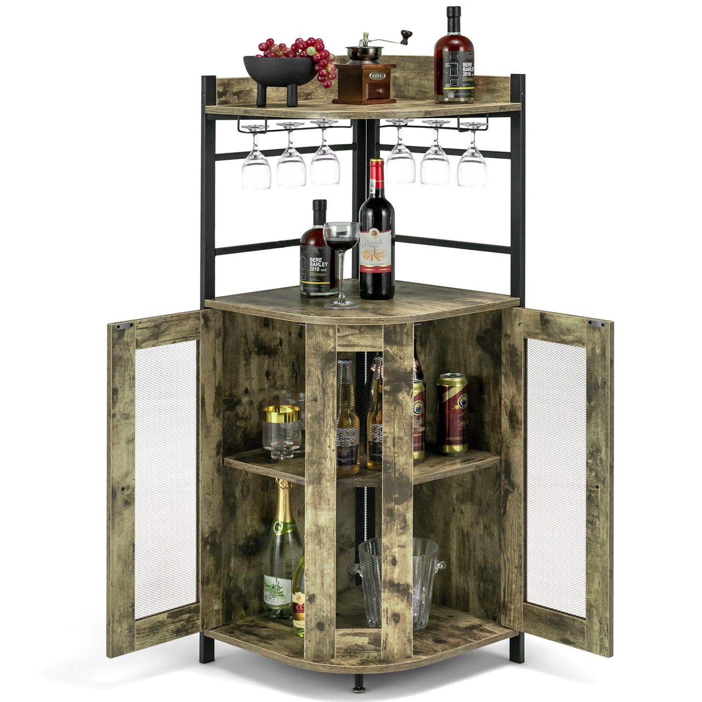 Corner Bar Cabinet Industrial Liquor Wine Cabinet W/ Glass Holder & Mesh Doors