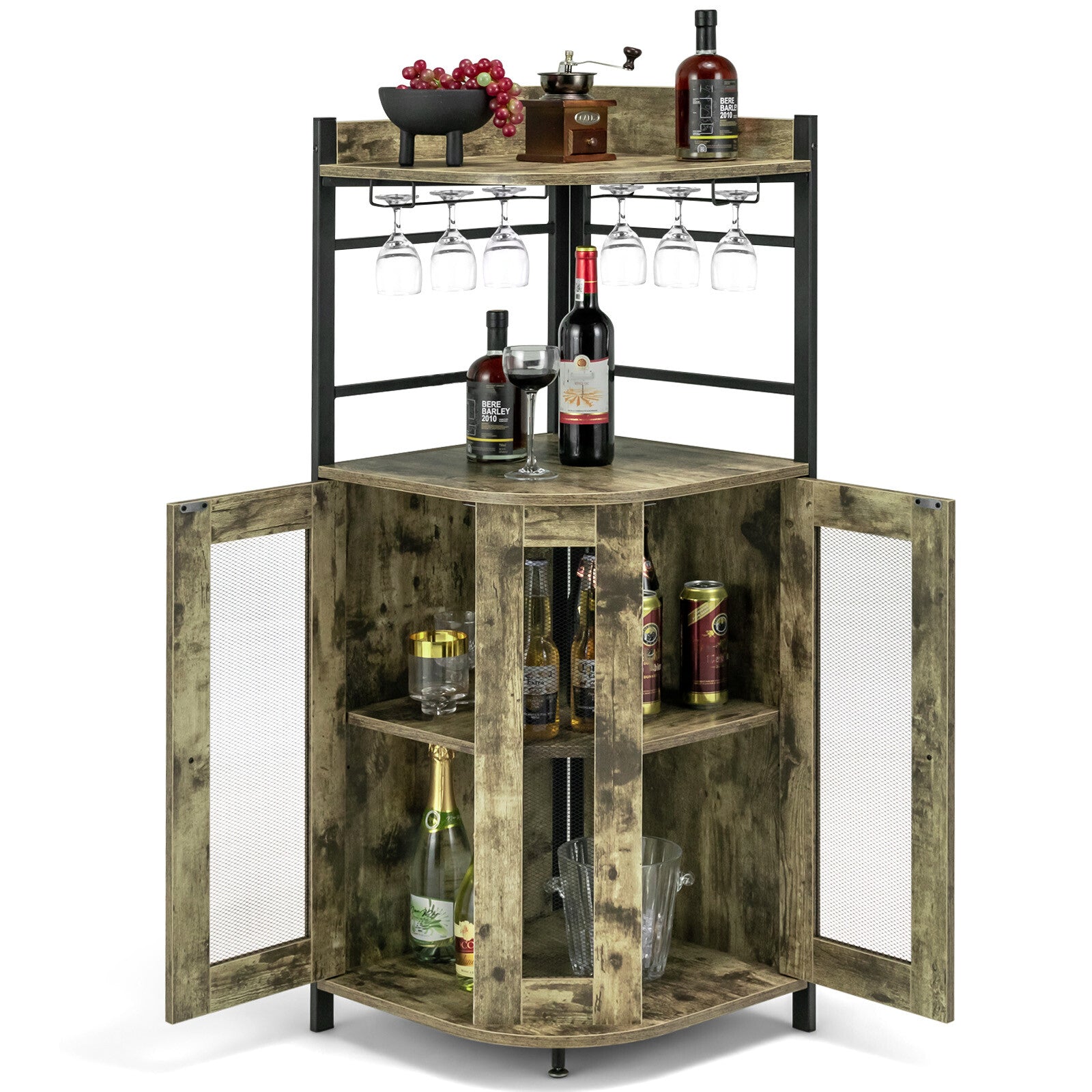 Corner Bar Cabinet Industrial Liquor Wine Cabinet W/ Glass Holder & Mesh Doors