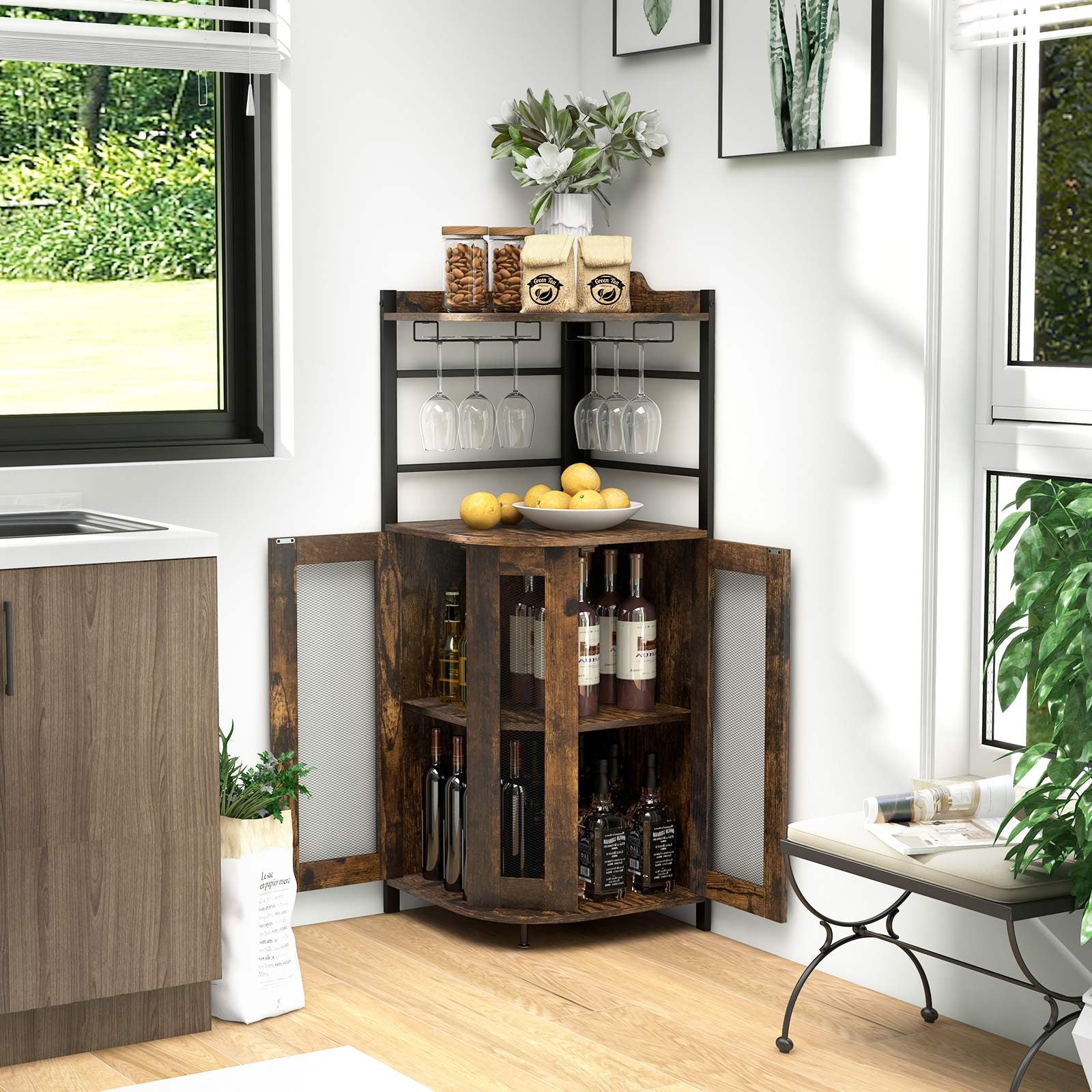 Corner Bar Cabinet Industrial Liquor Wine Cabinet W/ Glass Holder & Mesh Doors